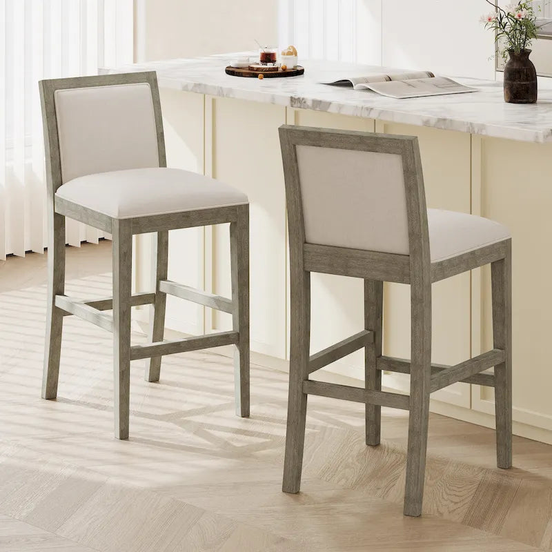 Retro Bar Stools, Set of 2 Upholstered 30.5" Bar Height Chairs with Fabric Cushion and Wood Frame