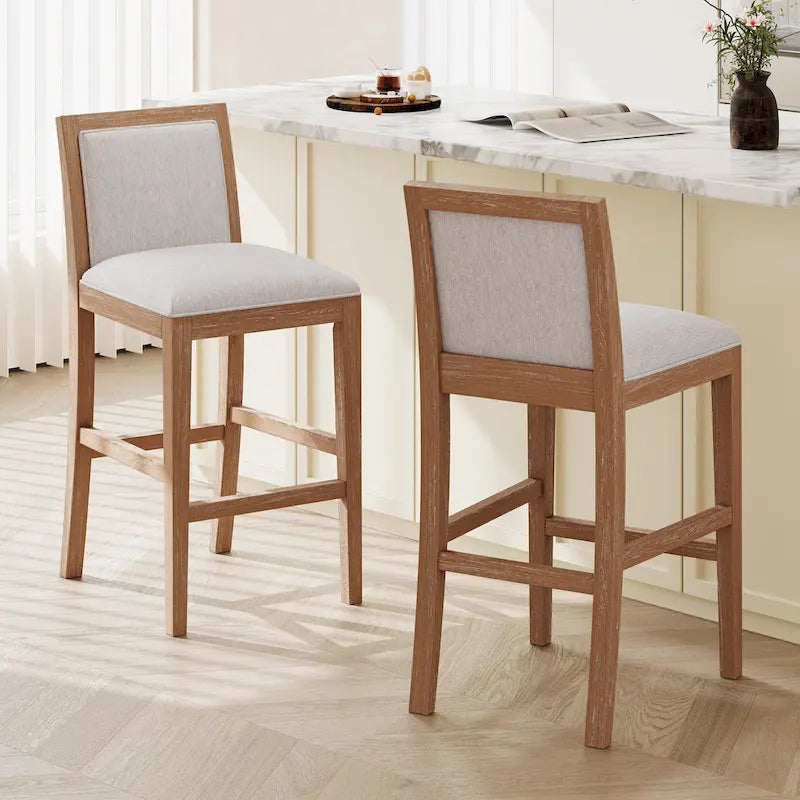 Retro Bar Stools, Set of 2 Upholstered 30.5" Bar Height Chairs with Fabric Cushion and Wood Frame