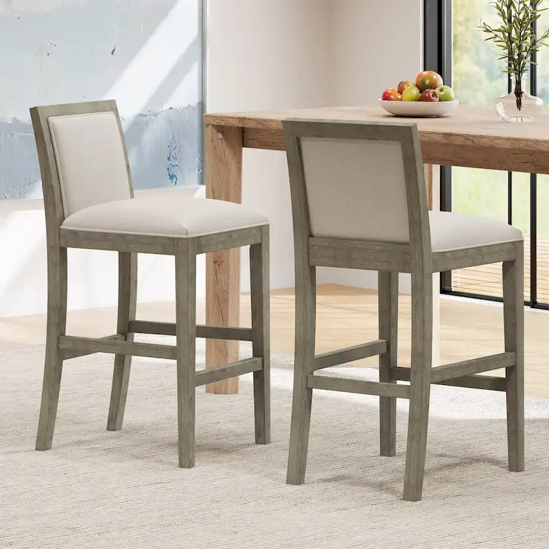 Retro Bar Stools, Set of 2 Upholstered 30.5" Bar Height Chairs with Fabric Cushion and Wood Frame