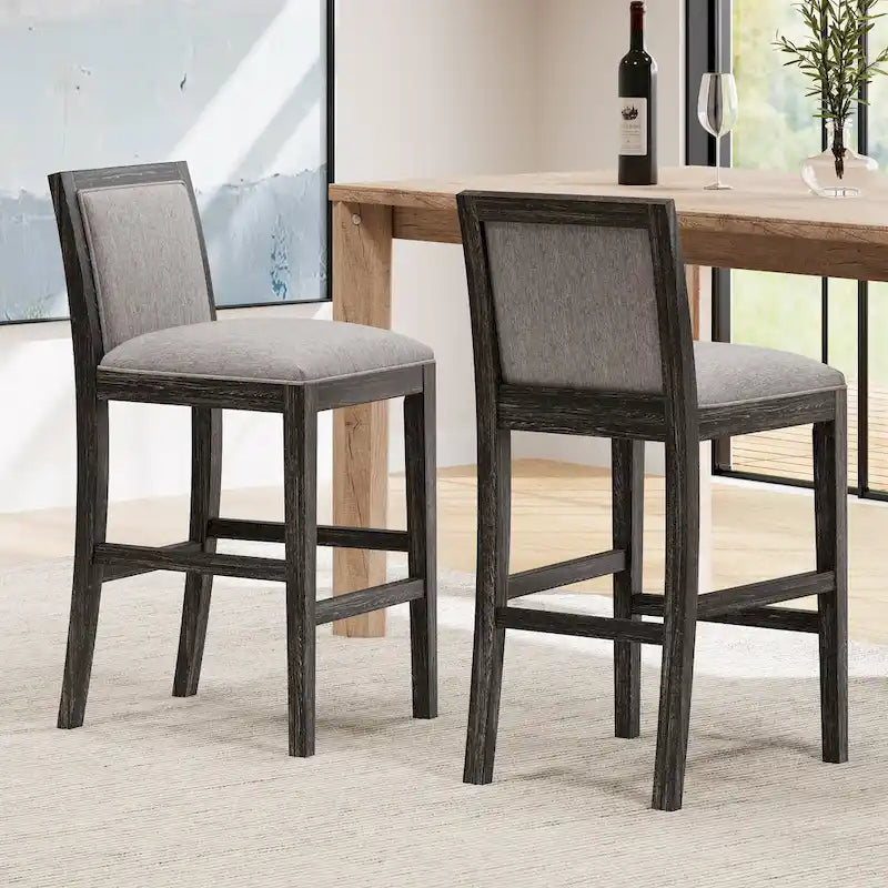 Retro Bar Stools, Set of 2 Upholstered 30.5" Bar Height Chairs with Fabric Cushion and Wood Frame