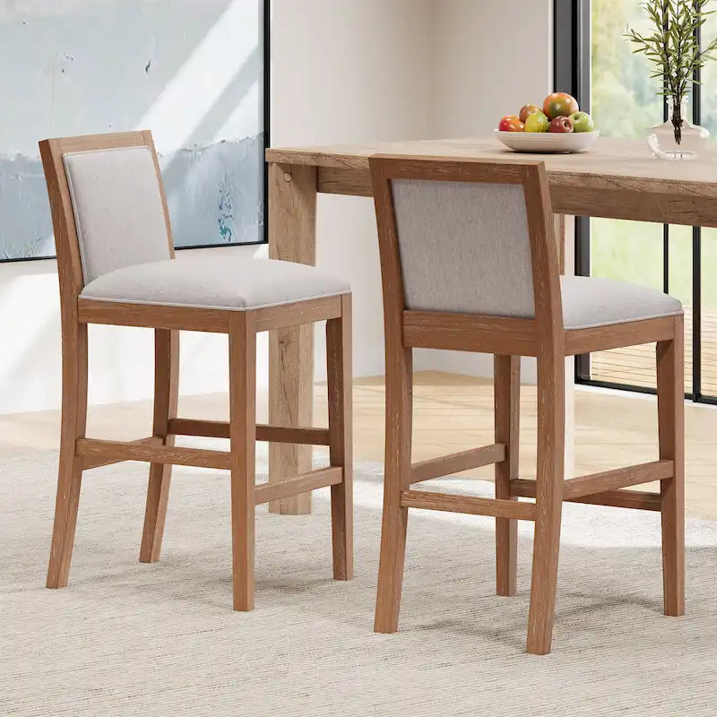 Retro Bar Stools, Set of 2 Upholstered 30.5" Bar Height Chairs with Fabric Cushion and Wood Frame