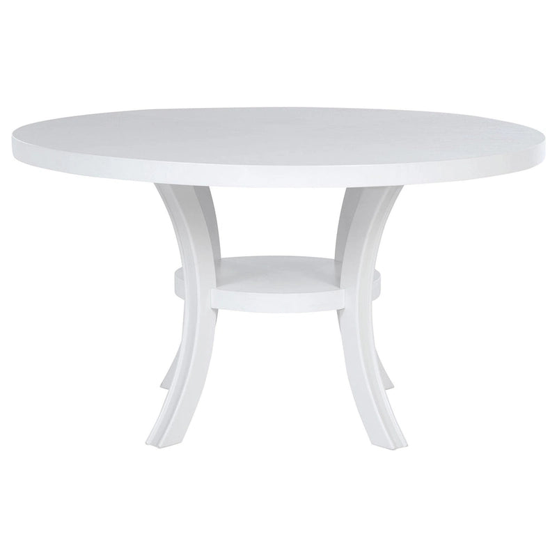 54-Inch Round Dining Table with Shelf and Flared Legs, White Wood