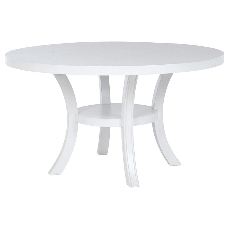 54-Inch Round Dining Table with Shelf and Flared Legs, White Wood