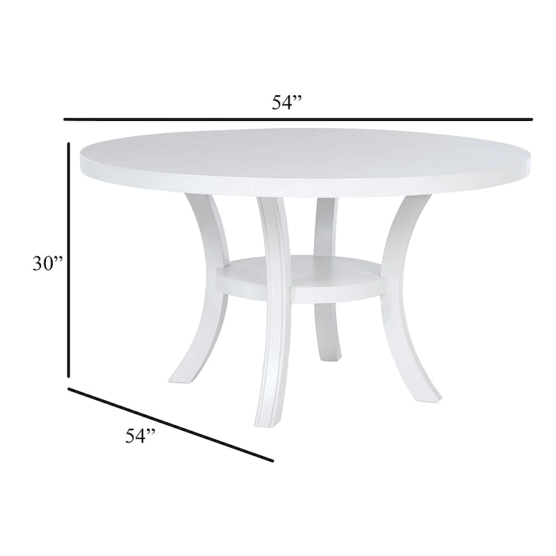 54-Inch Round Dining Table with Shelf and Flared Legs, White Wood