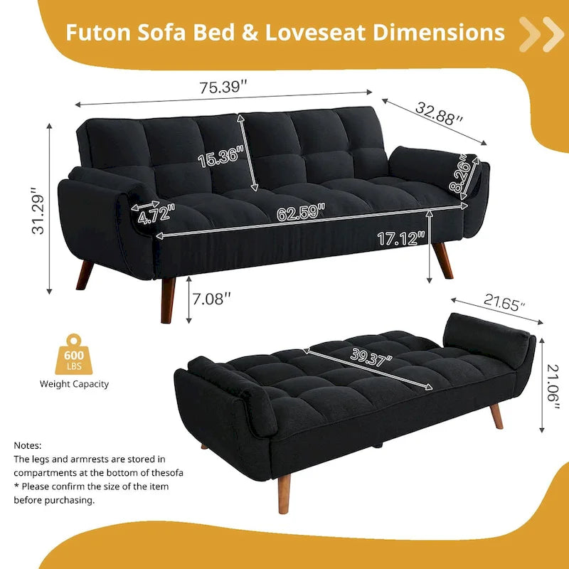 75.39 IN. Futon Sofa Bed, Convertible Upholstered Couch Sleeper with Reclining Sleeper Split Tufted Back