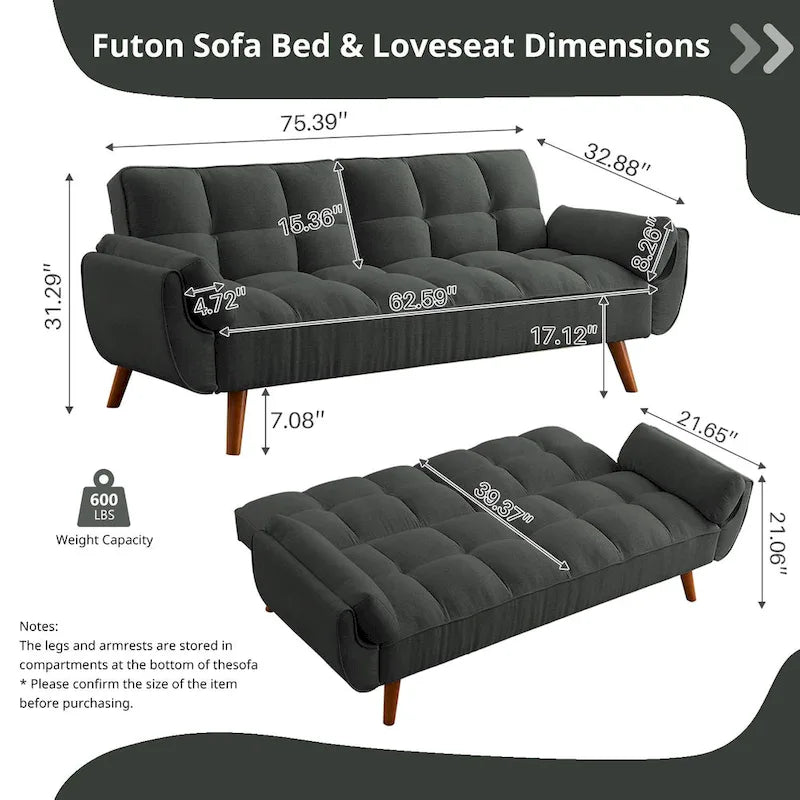 75.39 IN. Futon Sofa Bed, Convertible Upholstered Couch Sleeper with Reclining Sleeper Split Tufted Back