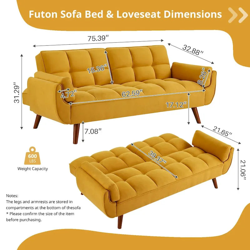 75.39 IN. Futon Sofa Bed, Convertible Upholstered Couch Sleeper with Reclining Sleeper Split Tufted Back