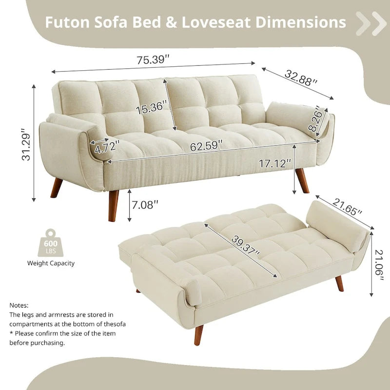 75.39 IN. Futon Sofa Bed, Convertible Upholstered Couch Sleeper with Reclining Sleeper Split Tufted Back