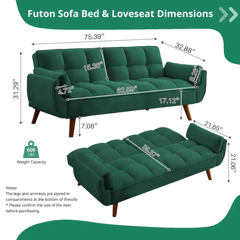 75.39 IN. Futon Sofa Bed, Convertible Upholstered Couch Sleeper with Reclining Sleeper Split Tufted Back