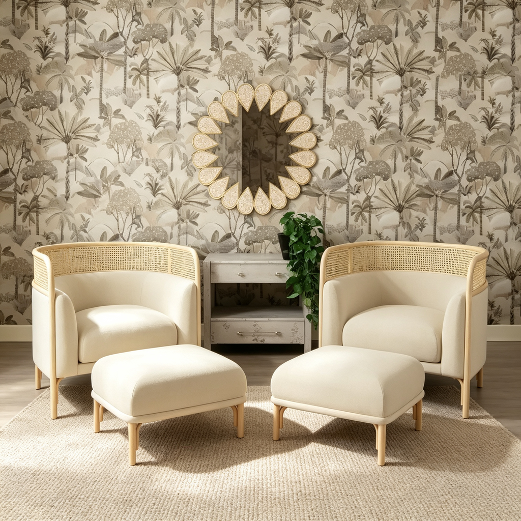 Velvet Ottoman with Solid Beech Wood Legs