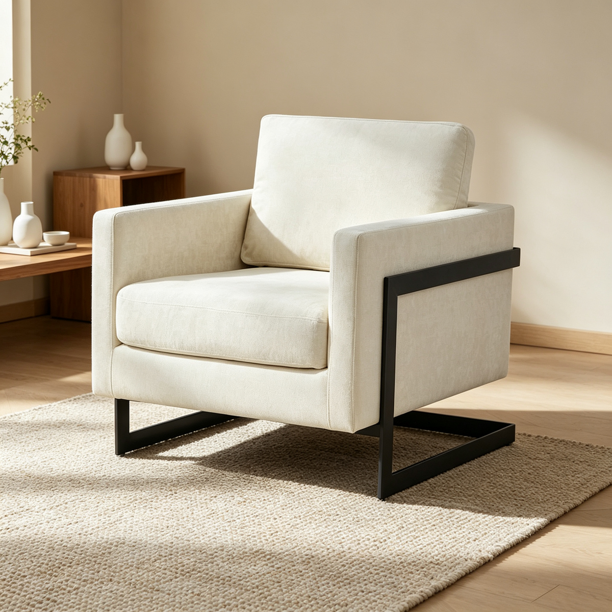 Contemporary Cream & Black Fabric Accent Chair