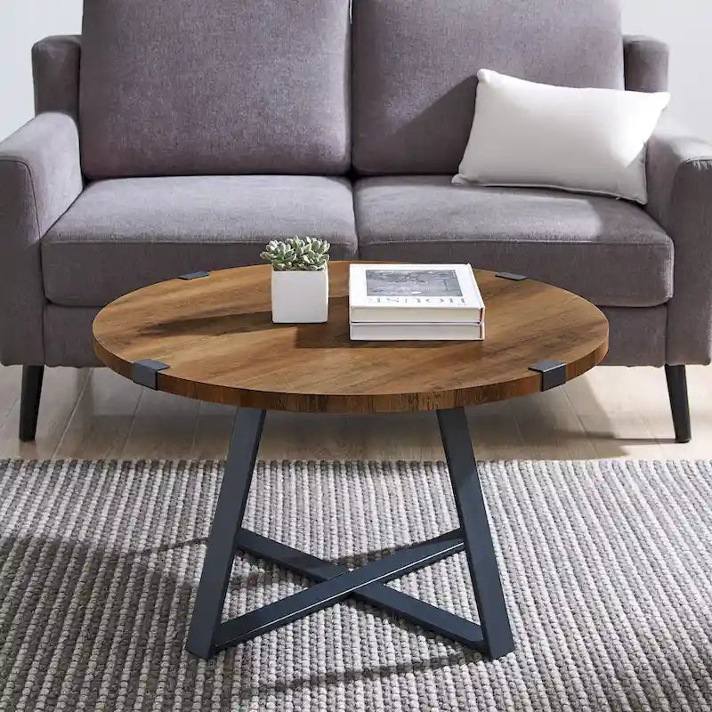 Round Metal Wrap Coffee Table with Industrial X-Cross Base