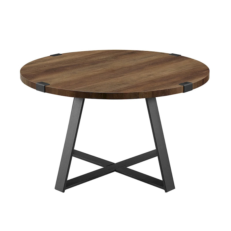 Round Metal Wrap Coffee Table with Industrial X-Cross Base