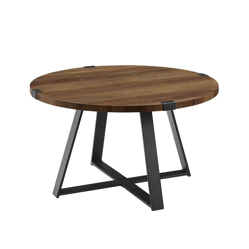Round Metal Wrap Coffee Table with Industrial X-Cross Base