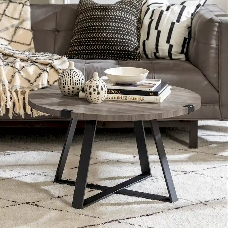 Round Metal Wrap Coffee Table with Industrial X-Cross Base