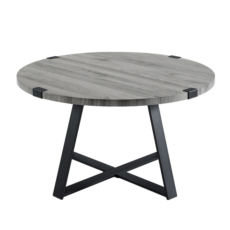 Round Metal Wrap Coffee Table with Industrial X-Cross Base