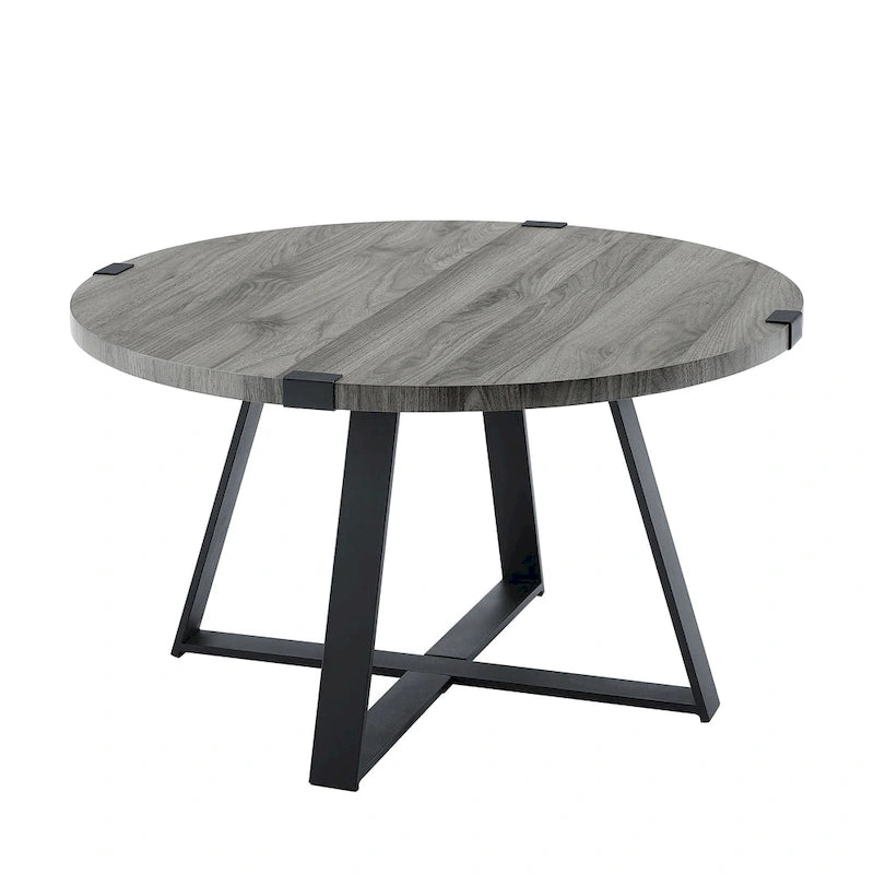 Round Metal Wrap Coffee Table with Industrial X-Cross Base
