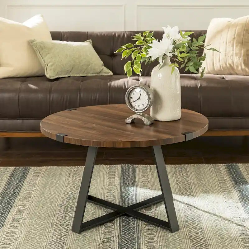 Round Metal Wrap Coffee Table with Industrial X-Cross Base