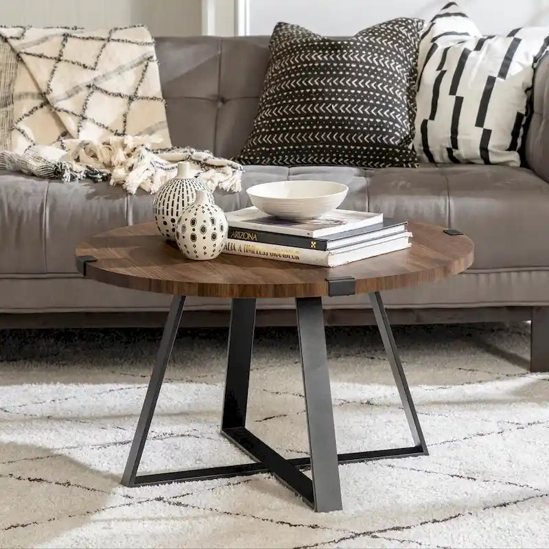 Round Metal Wrap Coffee Table with Industrial X-Cross Base