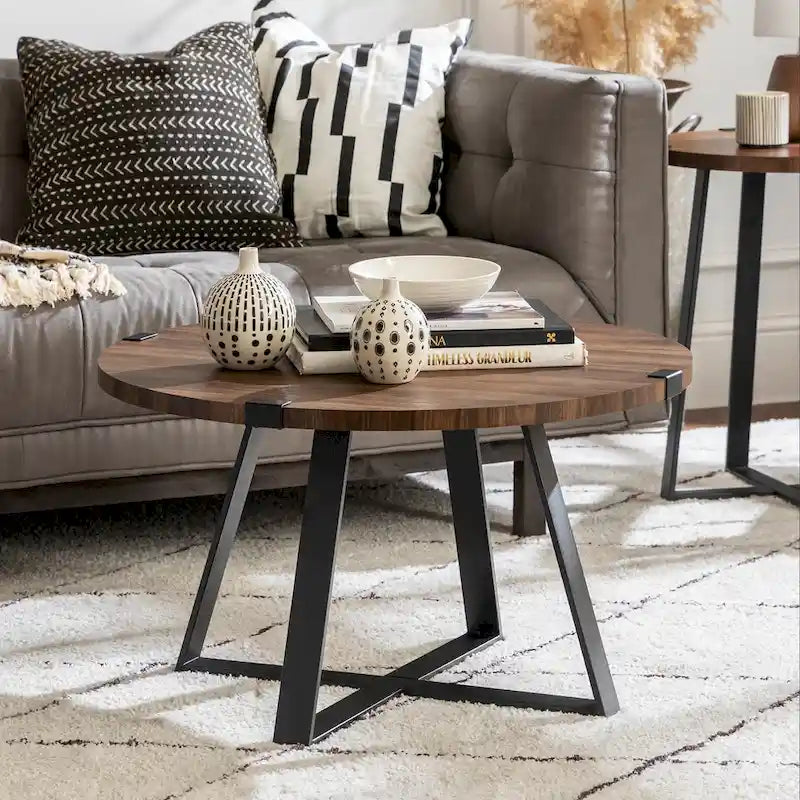 Round Metal Wrap Coffee Table with Industrial X-Cross Base