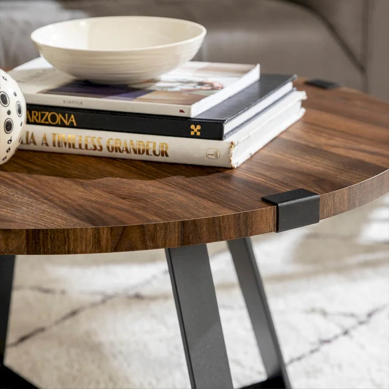 Round Metal Wrap Coffee Table with Industrial X-Cross Base
