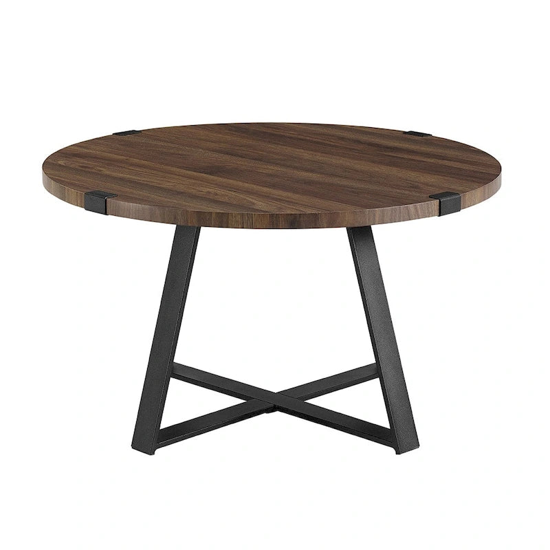 Round Metal Wrap Coffee Table with Industrial X-Cross Base