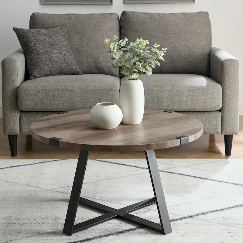 Round Metal Wrap Coffee Table with Industrial X-Cross Base