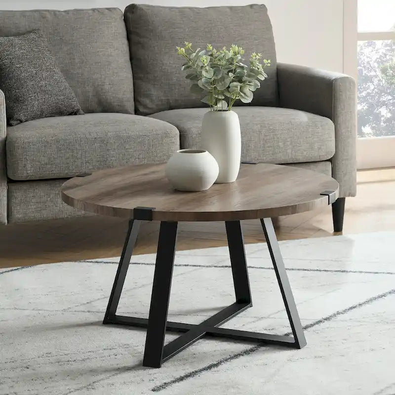 Round Metal Wrap Coffee Table with Industrial X-Cross Base