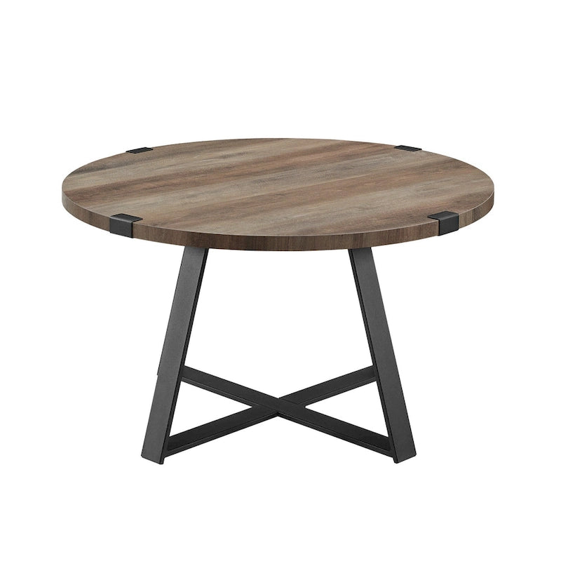 Round Metal Wrap Coffee Table with Industrial X-Cross Base
