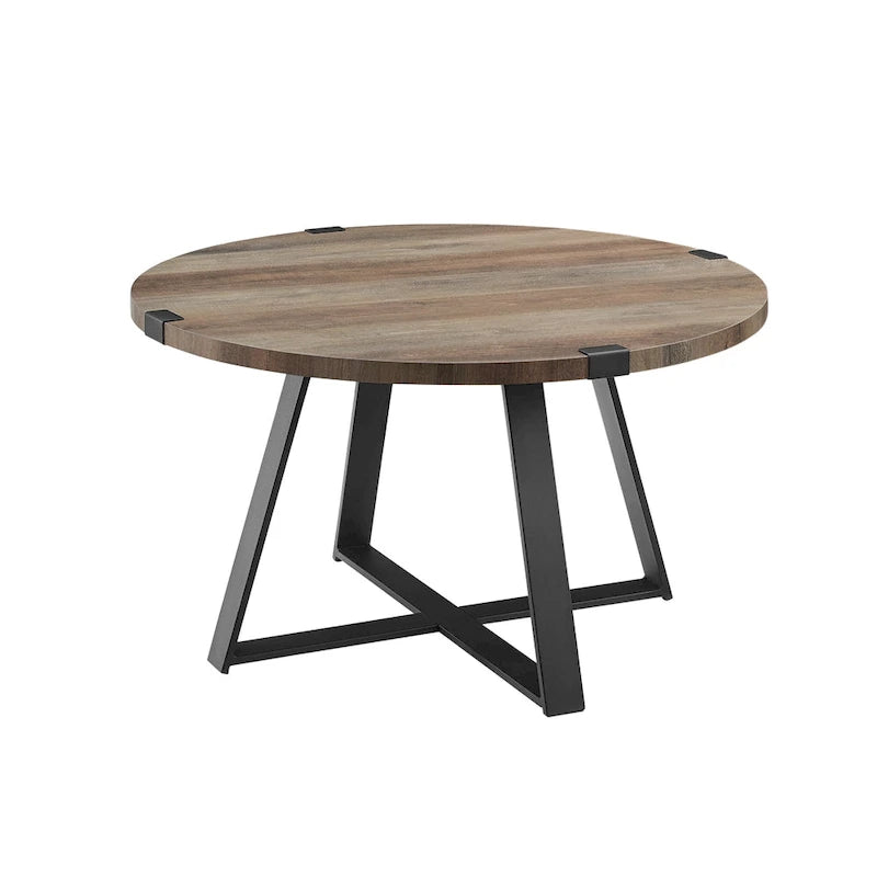 Round Metal Wrap Coffee Table with Industrial X-Cross Base