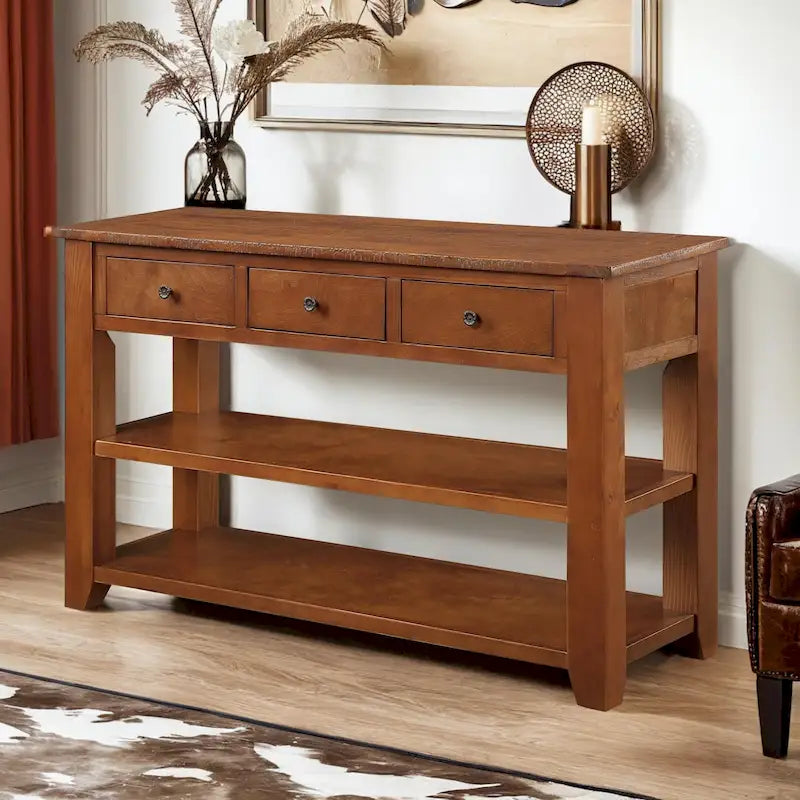 48-Inch Solid Pine Wood Console Table with 3 Drawers and 2 Shelves