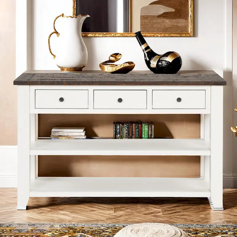 48-Inch Solid Pine Wood Console Table with 3 Drawers and 2 Shelves