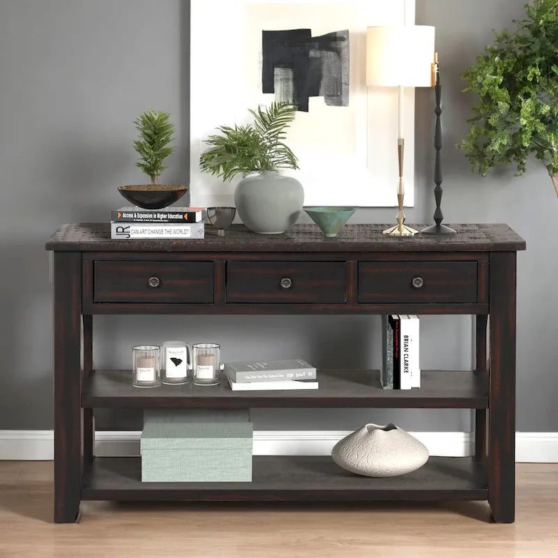 48 Solid Pine Wood Top Console Table, Modern Entryway Sofa Side Table with 3 Storage Drawers and 2 Shelves. Easy to Assemble