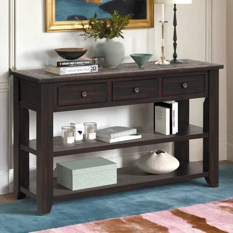 48 Solid Pine Wood Top Console Table, Modern Entryway Sofa Side Table with 3 Storage Drawers and 2 Shelves. Easy to Assemble