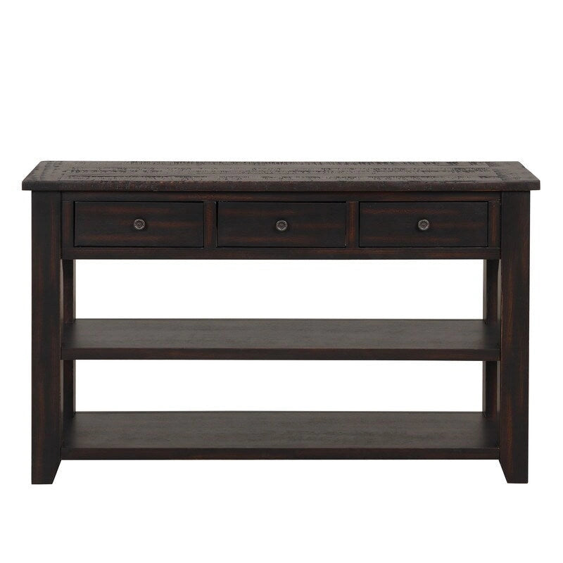 48 Solid Pine Wood Top Console Table, Modern Entryway Sofa Side Table with 3 Storage Drawers and 2 Shelves. Easy to Assemble