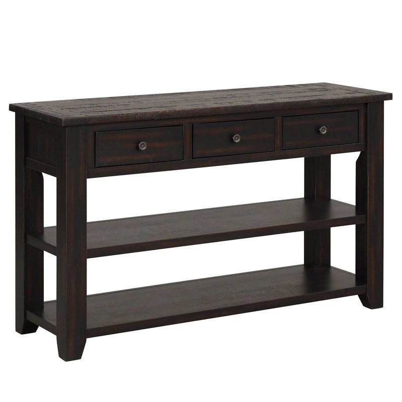 48 Solid Pine Wood Top Console Table, Modern Entryway Sofa Side Table with 3 Storage Drawers and 2 Shelves. Easy to Assemble