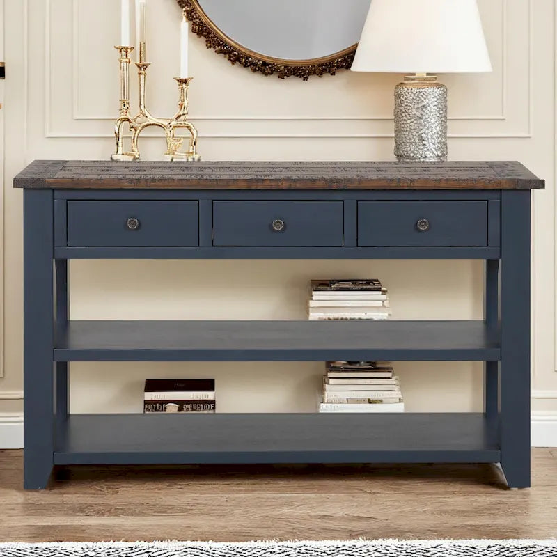 48 Solid Pine Wood Top Console Table, Modern Entryway Sofa Side Table with 3 Storage Drawers and 2 Shelves. Easy to Assemble