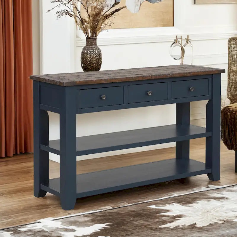 48 Solid Pine Wood Top Console Table, Modern Entryway Sofa Side Table with 3 Storage Drawers and 2 Shelves. Easy to Assemble