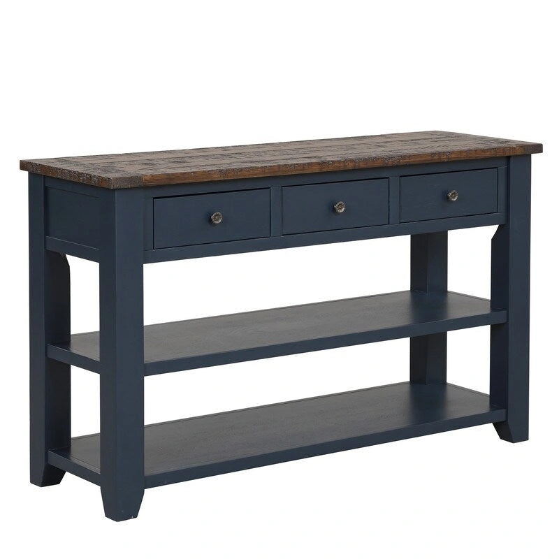48 Solid Pine Wood Top Console Table, Modern Entryway Sofa Side Table with 3 Storage Drawers and 2 Shelves. Easy to Assemble