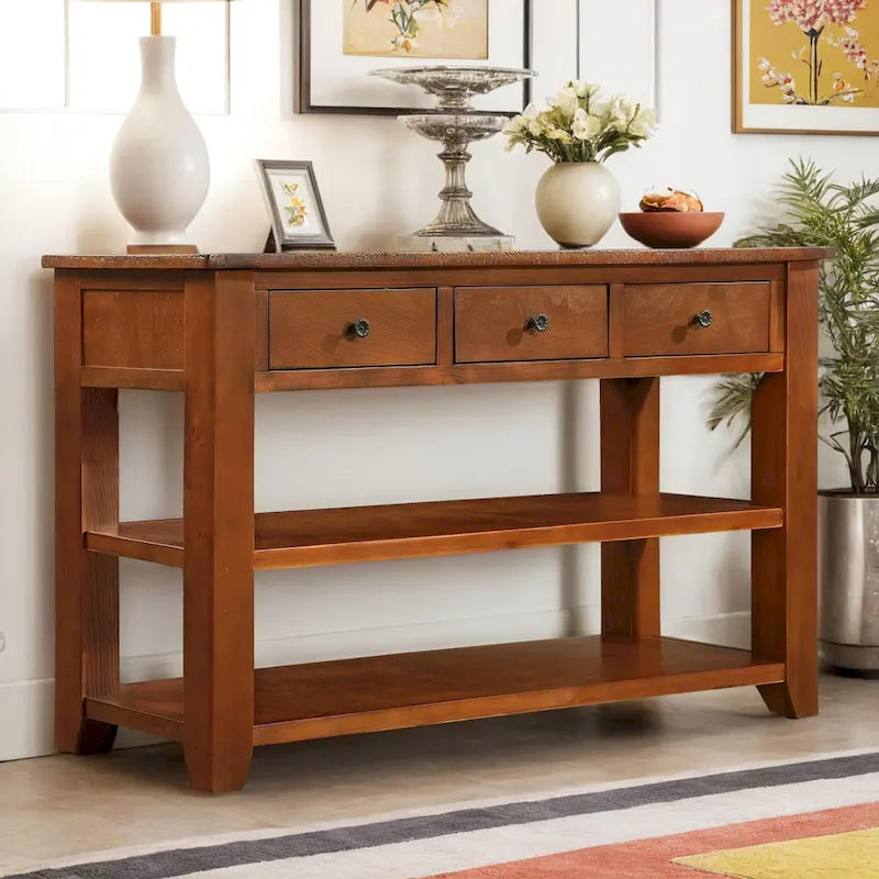 48 Solid Pine Wood Top Console Table, Modern Entryway Sofa Side Table with 3 Storage Drawers and 2 Shelves. Easy to Assemble