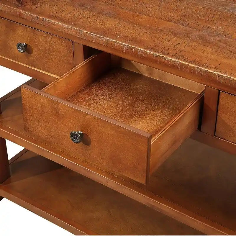 48 Solid Pine Wood Top Console Table, Modern Entryway Sofa Side Table with 3 Storage Drawers and 2 Shelves. Easy to Assemble