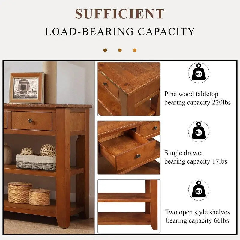48 Solid Pine Wood Top Console Table, Modern Entryway Sofa Side Table with 3 Storage Drawers and 2 Shelves. Easy to Assemble