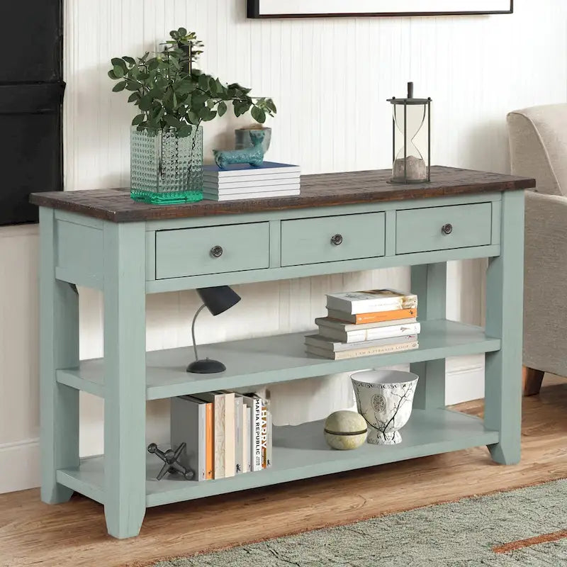 48 Solid Pine Wood Top Console Table, Modern Entryway Sofa Side Table with 3 Storage Drawers and 2 Shelves. Easy to Assemble