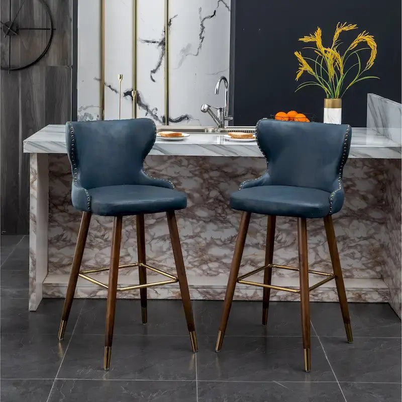 Mid-Century Modern Faux Leather Tufted Nailhead Trim Barstool, Set of 2