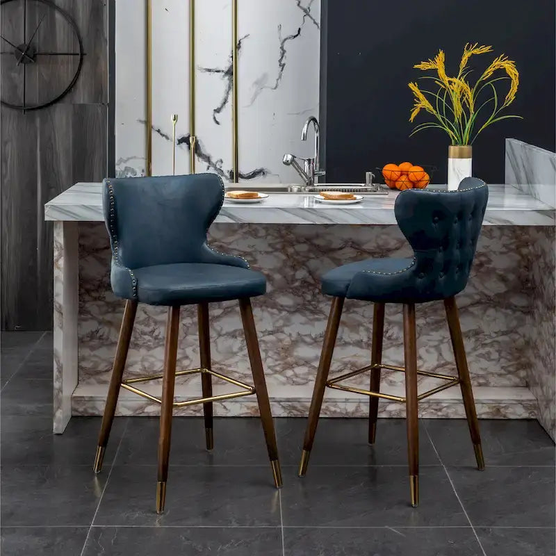 Mid-Century Modern Faux Leather Tufted Nailhead Trim Barstool, Set of 2
