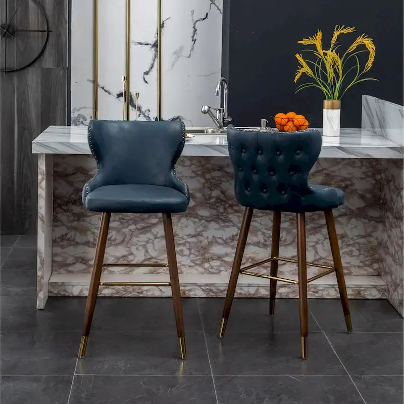 Mid-Century Modern Faux Leather Tufted Nailhead Trim Barstool, Set of 2