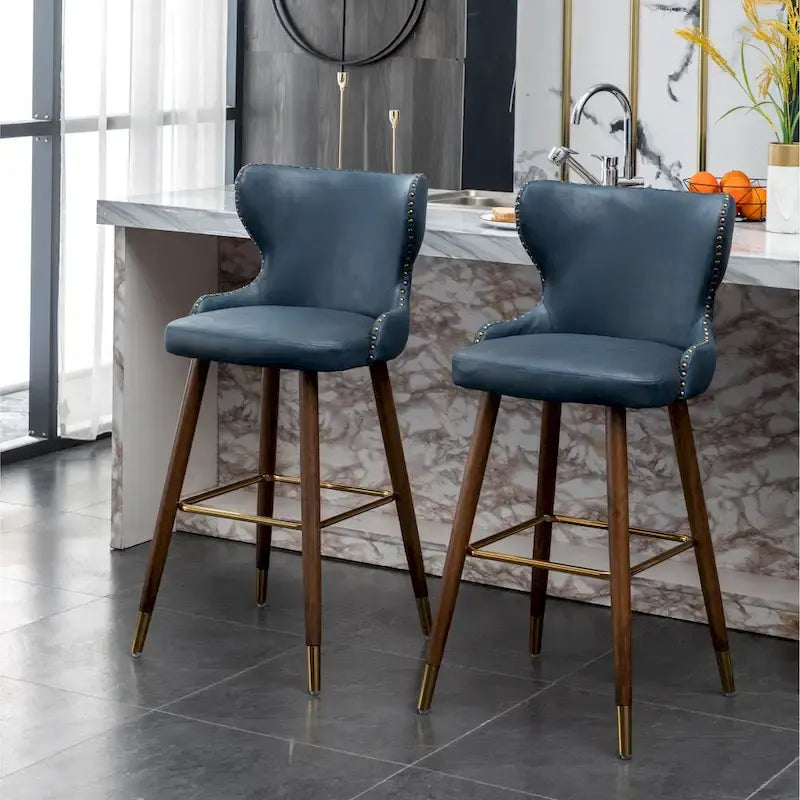 Mid-Century Modern Faux Leather Tufted Nailhead Trim Barstool, Set of 2