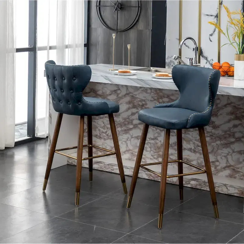 Mid-Century Modern Faux Leather Tufted Nailhead Trim Barstool, Set of 2