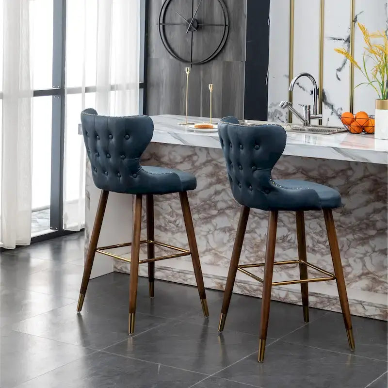 Mid-Century Modern Faux Leather Tufted Nailhead Trim Barstool, Set of 2
