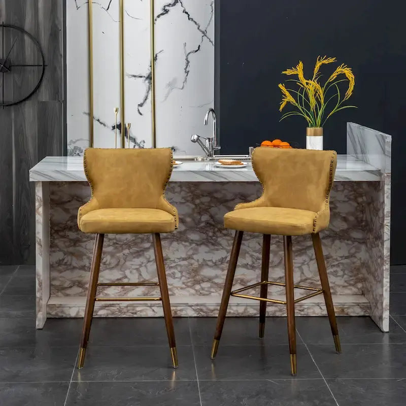 Mid-Century Modern Faux Leather Tufted Nailhead Trim Barstool, Set of 2